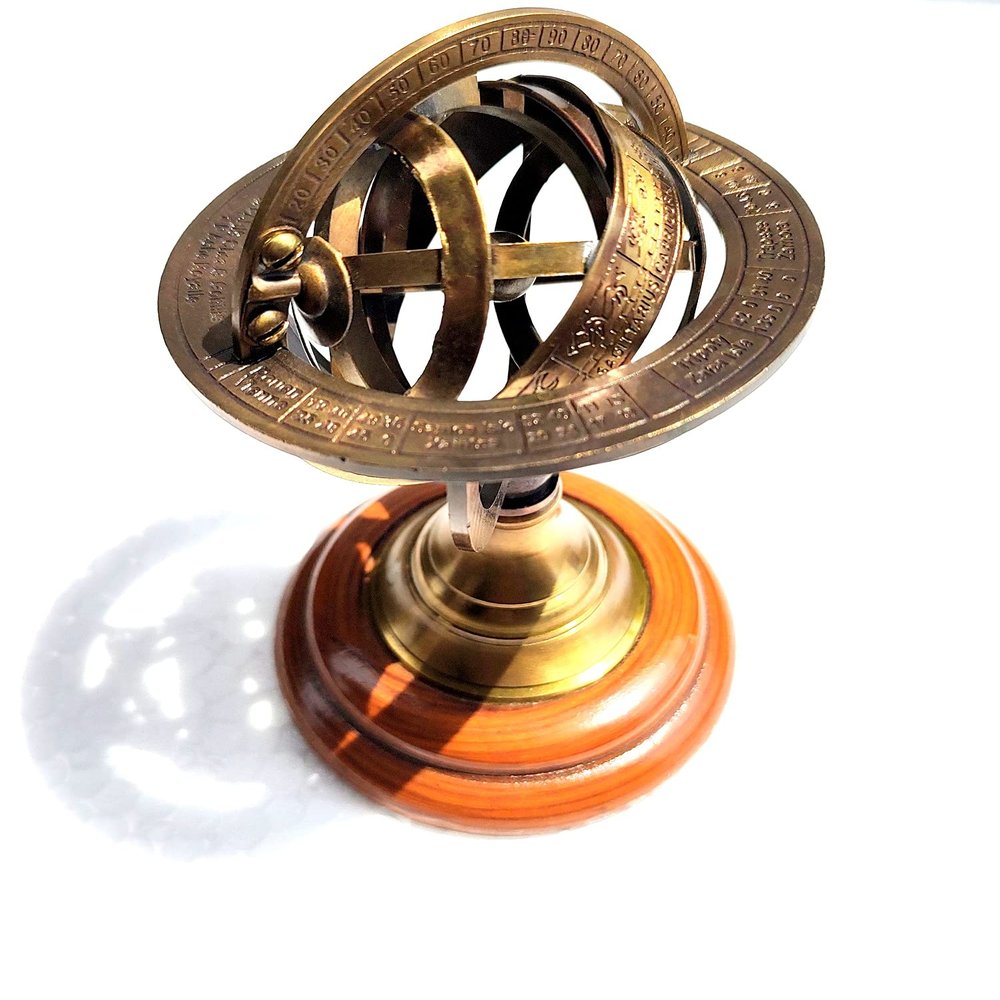 Ganga Nautical Brown Antique Vintage Zodiac Armillary Brass Sphere Globe & Wooden Base Size 4 Inch