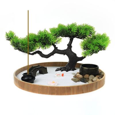 Timani Japanese Zen Garden for Desk - Zen Garden Sand Kit, Artificial Bonsai Tree, Rakes & Accessories - Japanese Decor Office Home Desktop Relaxation Sandbox Decor. 9.5" Inches Wooden Round Tray