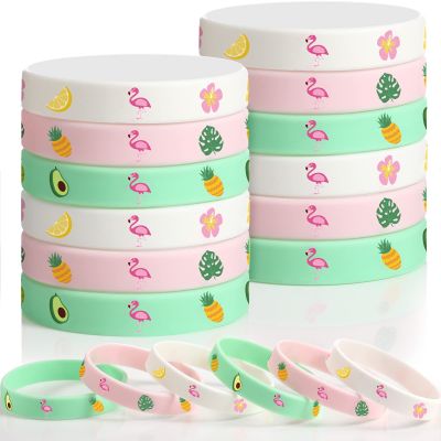 Aoriher 24 Pack Flamingo Wristbands Bracelets, Pineapple Pink Flamingo Silicone Wristband Luau Tropical Hawaiian Party Favors Goody Bag for Boys Girls Flamingo Birthday Summer Hawaiian Party Supplies