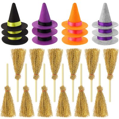 24 Pieces Wine Bottle Toppers - Mini Witch Hats, Brooms and Felt Caps for Halloween Party Favors and Crafts