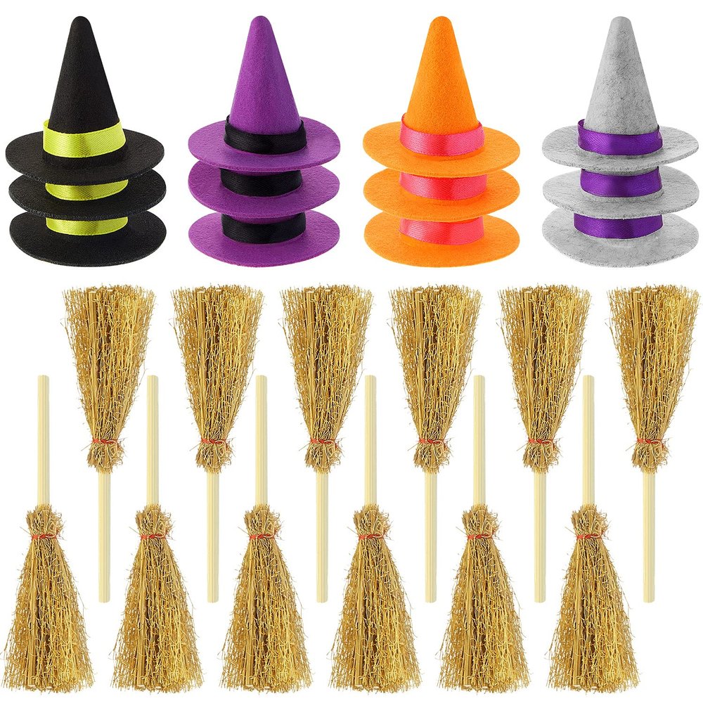 24 Pieces Wine Bottle Toppers - Mini Witch Hats, Brooms and Felt Caps for Halloween Party Favors and Crafts