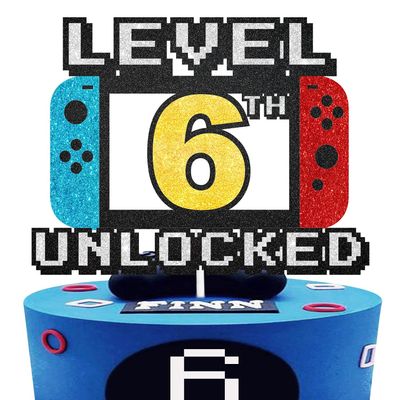 Level Up Cake Topper - Level 6th Game Sign Theme Party Decorations for Video Game Themed Kids Boy Girl Party Supplies