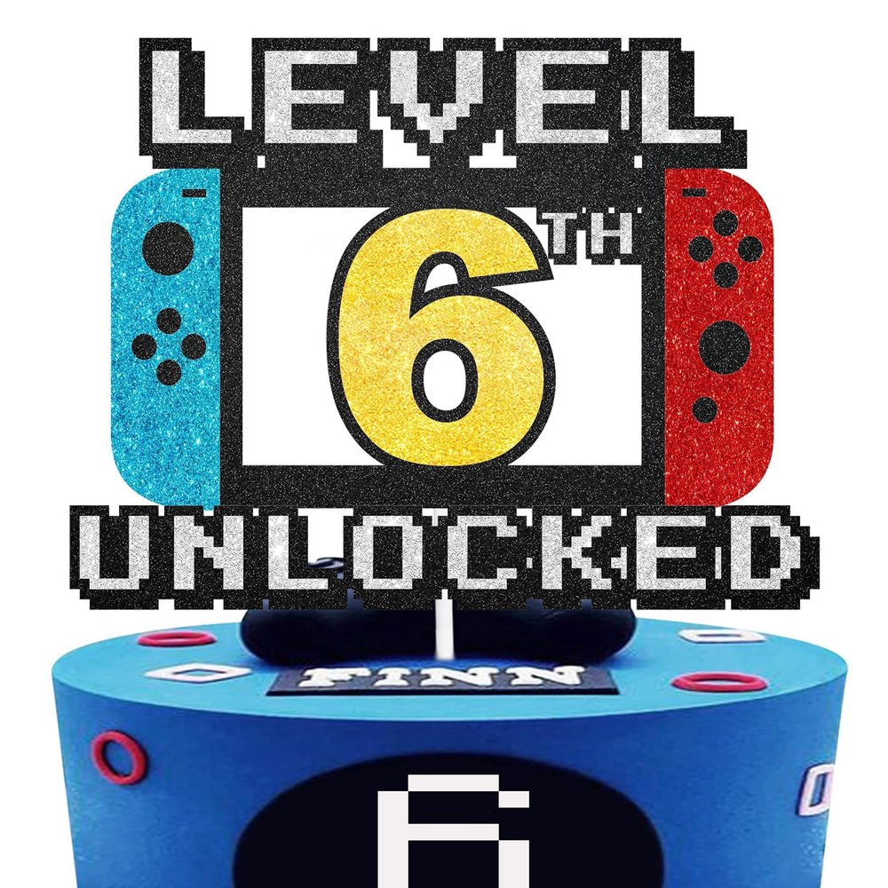 Level Up Cake Topper - Level 6th Game Sign Theme Party Decorations for Video Game Themed Kids Boy Girl Party Supplies