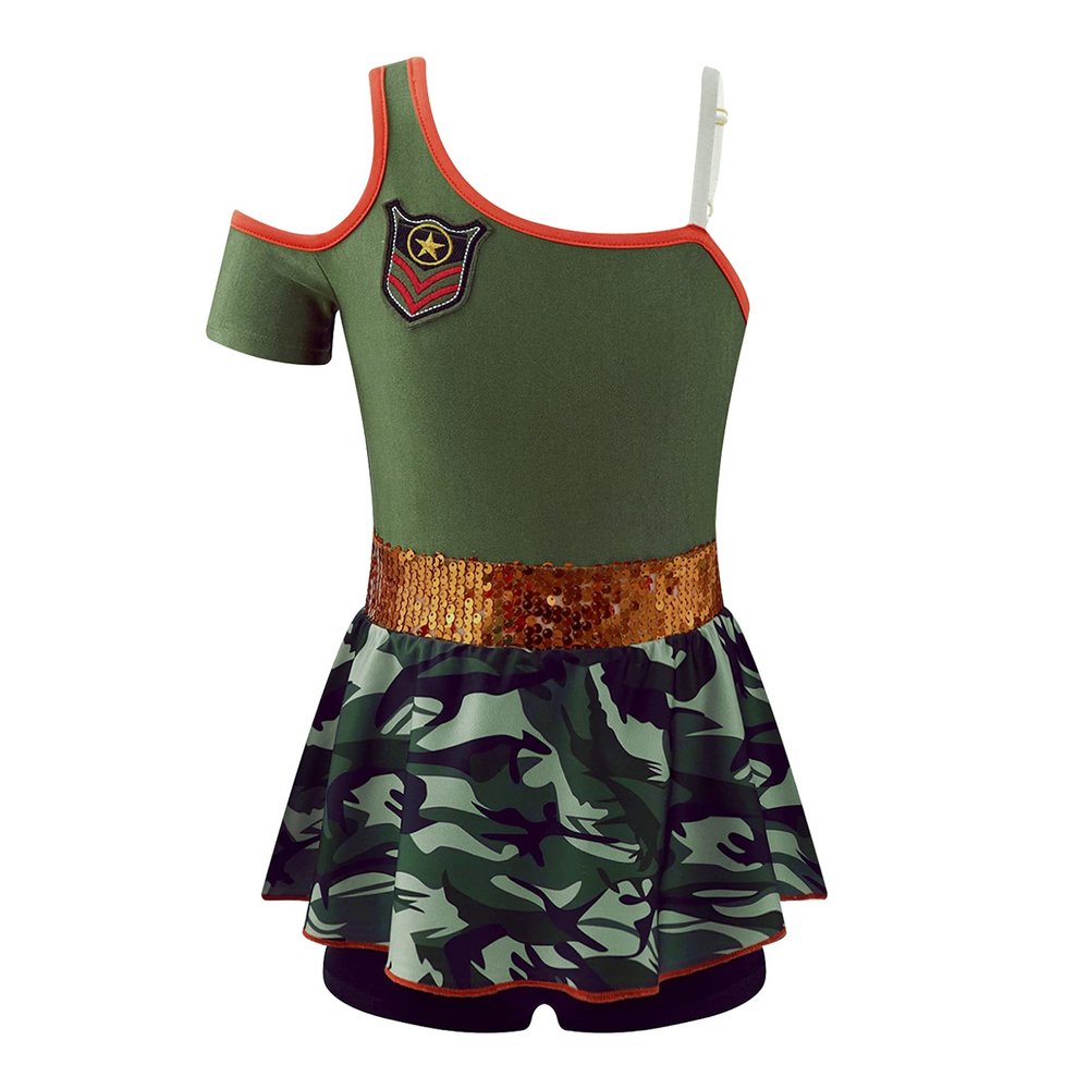ACSUSS Kids Girls Police Officer Costume Asymmetrical Shoulder Camouflage Print Skirt Hem Short Jumpsuit Army Green 6 Years