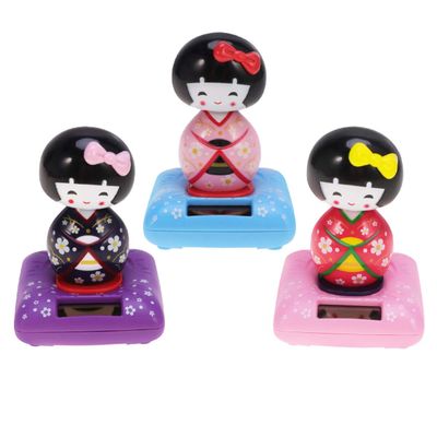 ABOOFAN Solar Powered Shaking Head Dancing Toy Decor Japanese Kokeshi Doll Figurines Statues Car Dashboard Decorations Pink