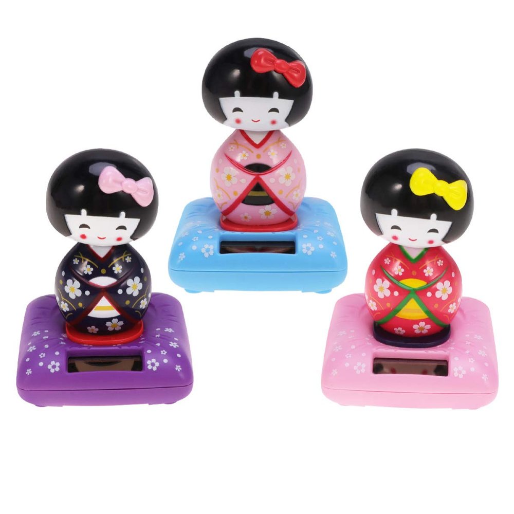 ABOOFAN Solar Powered Shaking Head Dancing Toy Decor Japanese Kokeshi Doll Figurines Statues Car Dashboard Decorations Pink