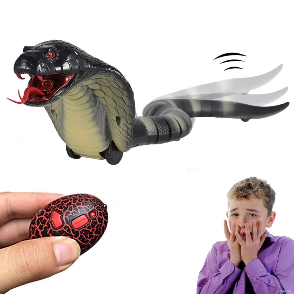 Gawertoy Remote Control Snake Toy for Kids, 17" Rechargeable Realistic RC Snake Naja Cobra Toy with Retractable Tongue and Swinging Tail, Ideal Children Birthday Halloween (Black)