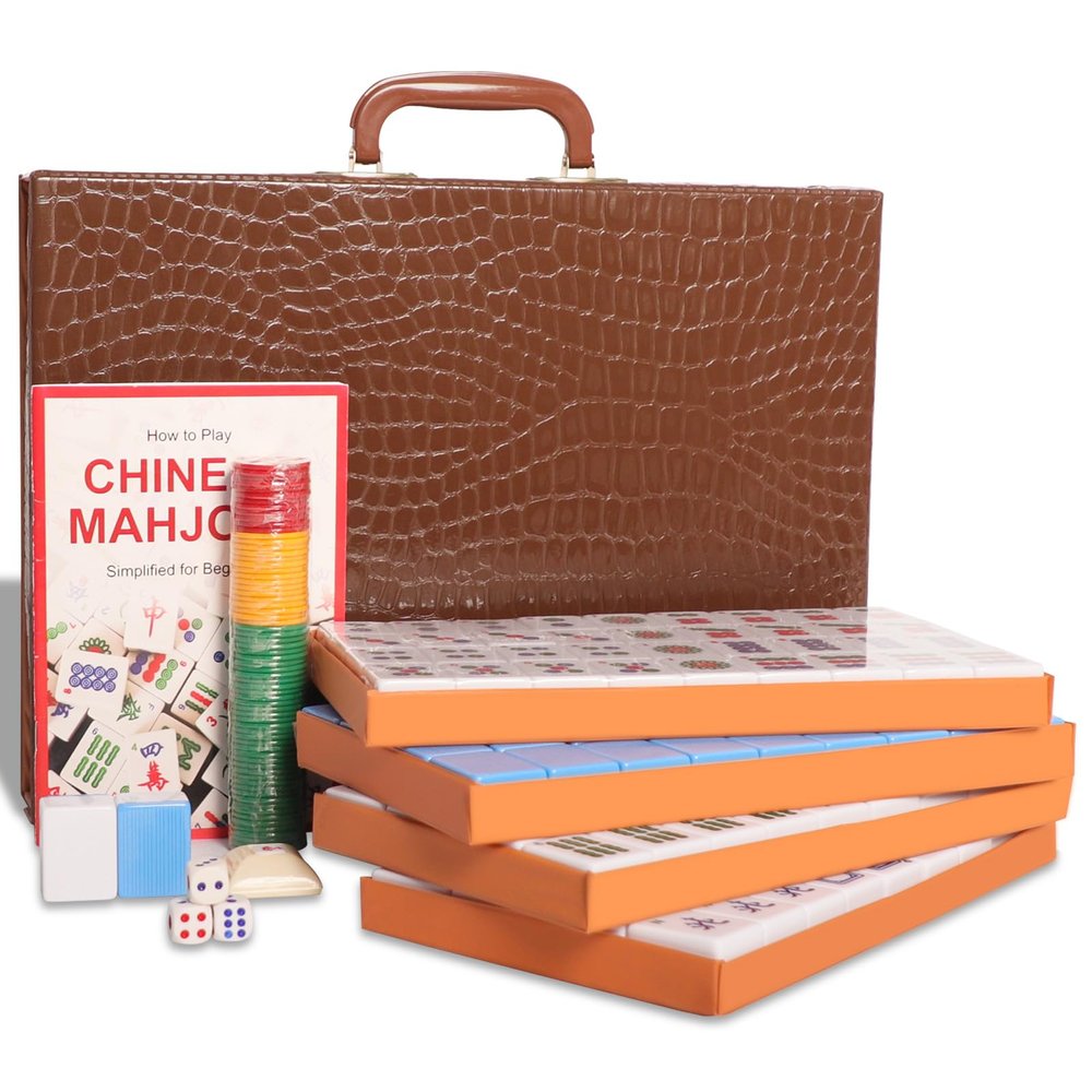 GUSTARIA Chinese Mahjong Set, Mahjong Game Set with 146 Numbered Large Tiles (1.5", Blue), Mahjong Tiles Set with Brown Carrying Case
