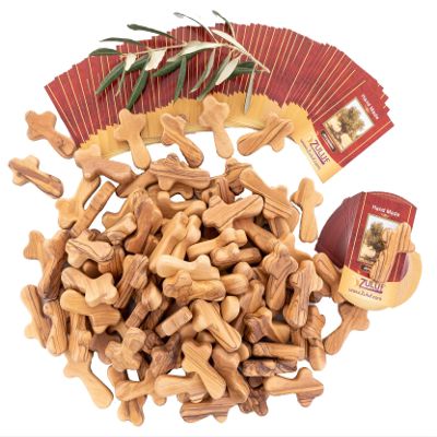 Zuluf 100 Small Olive Wood Comfort Crosses from Bethlehem Israel | Pocket Holding Crosses | Comes With 100 Holy Land Certificates 6cm / 2.5 Inch Each Cross - CRS301