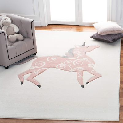 SAFAVIEH Carousel Kids Collection Area Rug - 3' Square, Ivory & Pink, Non-Shedding & Easy Care, Ideal for High Traffic Areas for Boys & Girls in Playroom, Nursery, Bedroom (CRK163A)