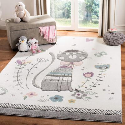 SAFAVIEH Carousel Kids Collection Area Rug - 3' Square, Ivory & Pink, Cat Design, Non-Shedding & Easy Care, Ideal for High Traffic Areas for Boys & Girls in Playroom, Nursery, Bedroom (CRK187A)