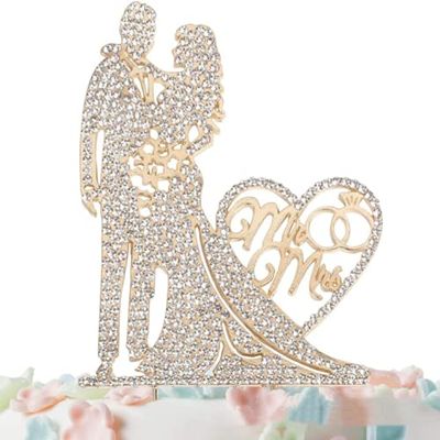 Mr and Mrs Cake Topper Rhinestone Metal Love Couple For Wedding/Engagement/Bridal Shower/Anniversary/Birthday Gold