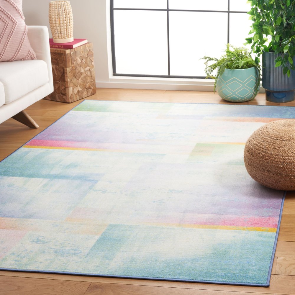 SAFAVIEH Washable Rug Paint Brush Collection - 4'4" x 6', Blue & Green, Slip Resistant & Easy to Clean, Ideal for Living Room, Bedroom, Nursery, Kids Playroom, Dining Space (PTB188M)