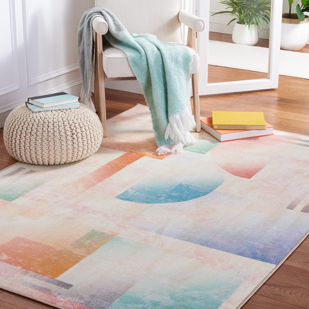 SAFAVIEH Washable Rug Paint Brush Collection - 5'5" x 7'6", Pink & Blue, Slip Resistant & Easy to Clean, Ideal for Living Room, Bedroom, Nursery, Kids Playroom, Dining Space (PTB189U)
