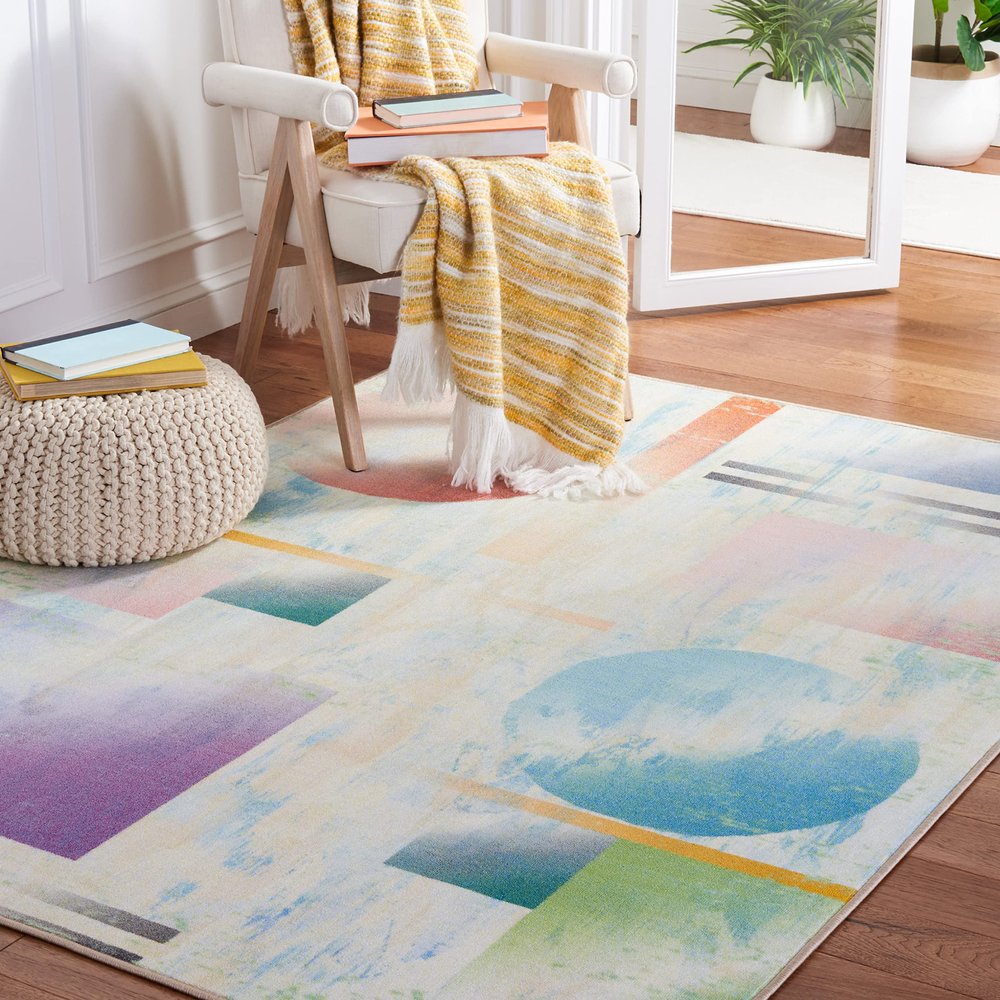SAFAVIEH Washable Rug Paint Brush Collection - 5'5" x 7'6", Blue & Ivory, Slip Resistant & Easy to Clean, Ideal for Living Room, Bedroom, Nursery, Kids Playroom, Dining Space (PTB107M)