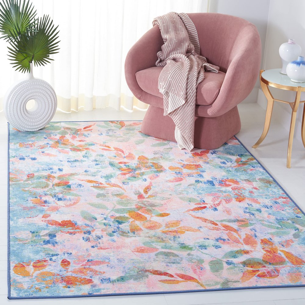 SAFAVIEH Washable Rug Paint Brush Collection - 6'7" Square, Blush Pink & Green, Slip Resistant & Easy to Clean, Ideal for Living Room, Bedroom, Nursery, Kids Playroom, Dining Space (PTB158U)