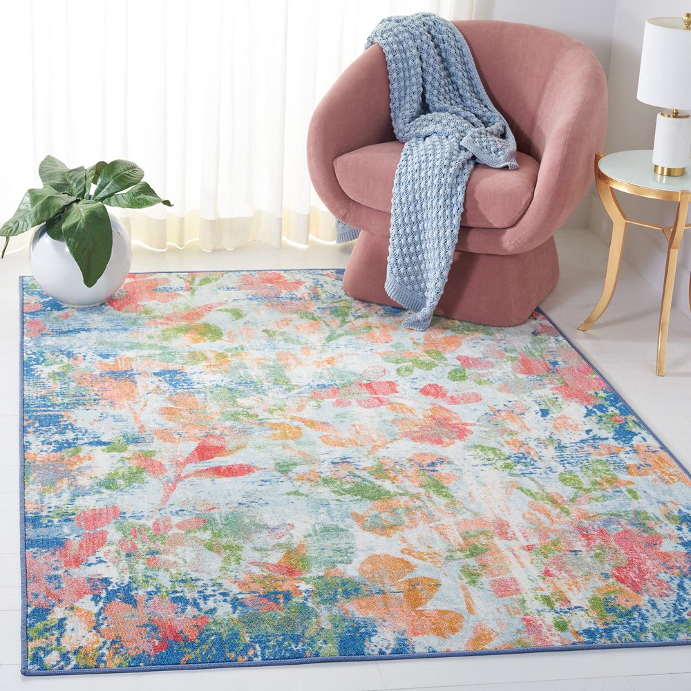SAFAVIEH Washable Rug Paint Brush Collection - 6'7" Square, Navy & Orange, Slip Resistant & Easy to Clean, Ideal for Living Room, Bedroom, Nursery, Kids Playroom, Dining Space (PTB157N)