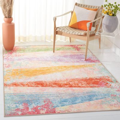 SAFAVIEH Washable Rug Paint Brush Collection - 6'7" Square, Pink & Blue, Slip Resistant & Easy to Clean, Ideal for Living Room, Bedroom, Nursery, Kids Playroom, Dining Space (PTB173U)