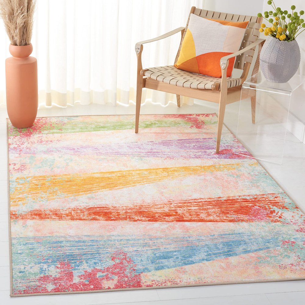 SAFAVIEH Washable Rug Paint Brush Collection - 6'7" Square, Pink & Blue, Slip Resistant & Easy to Clean, Ideal for Living Room, Bedroom, Nursery, Kids Playroom, Dining Space (PTB173U)