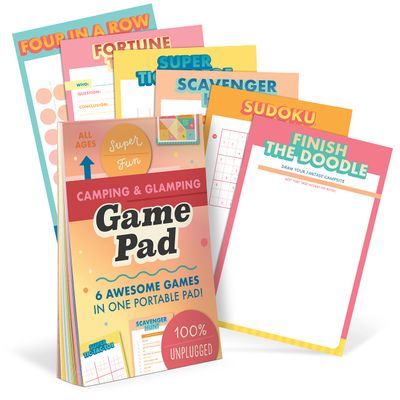 Knock Knock Camping On-The-Go Game Pad, Glamping & Outdoor Activities for Kids, 6 Games (Finish The Doodle, Sudoku, Scavenger Hunt, Super Tic-Tac-Toe, Fortune Teller, Four in a Row), 6 x 9-inches