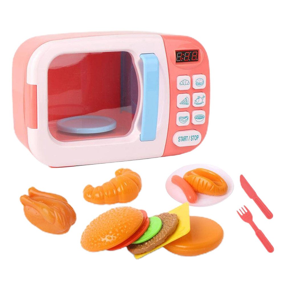 Simhoa Kid Microwave Kitchen Toys Pretend Play Accessories Fake Food Home Appliance - Pink 13pcs