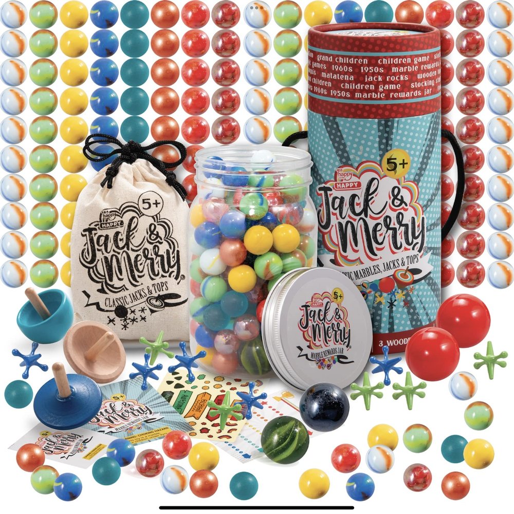 HAPPY JACK & MERRY Metal Jacks Game with Ball Classic and Marbles, Metal Jax and 2 Bouncy Red Ball with Bag for Family Games Night