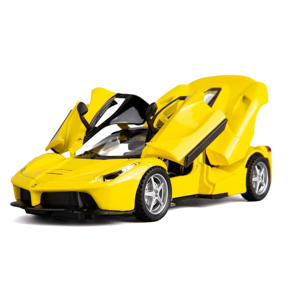 BDTCTK 1:32 Farrari Car Model Pull Back Car with Sound and Light for Kids Boy Girl, Metal Body Door Opened Yellow
