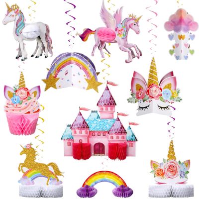 10 Pcs Unicorn Rainbow Centerpiece Unicorn Honeycomb Centerpiece Hanging Swirl Decorations for Table Shiny Topper for Girls Birthday Party Decorations Supplies