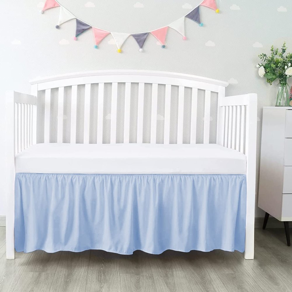 100% Egyptian Cotton, Nursery Crib Toddler (28" x 52" + 14") 800 Thread Count Crib Skirt Dust Ruffle, Bedding Skirts for Baby Boys or Girls, 14" Drop, Light Blue Solid