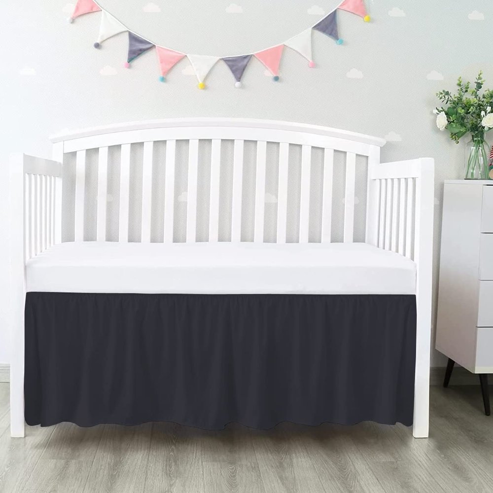 100% Egyptian Cotton, Nursery Crib Toddler (28" x 52" + 14") 800 Thread Count Crib Skirt Dust Ruffle, Bedding Skirts for Baby Boys or Girls, 14" Drop, Black Solid