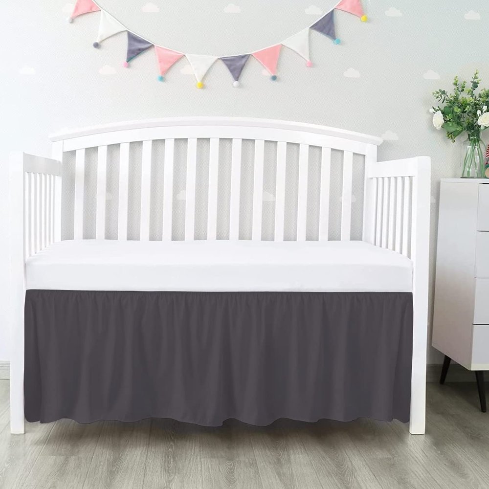 100% Egyptian Cotton, Nursery Crib Toddler (28" x 52" + 14") 800 Thread Count Crib Skirt Dust Ruffle, Bedding Skirts for Baby Boys or Girls, 14" Drop, Dark Grey Solid