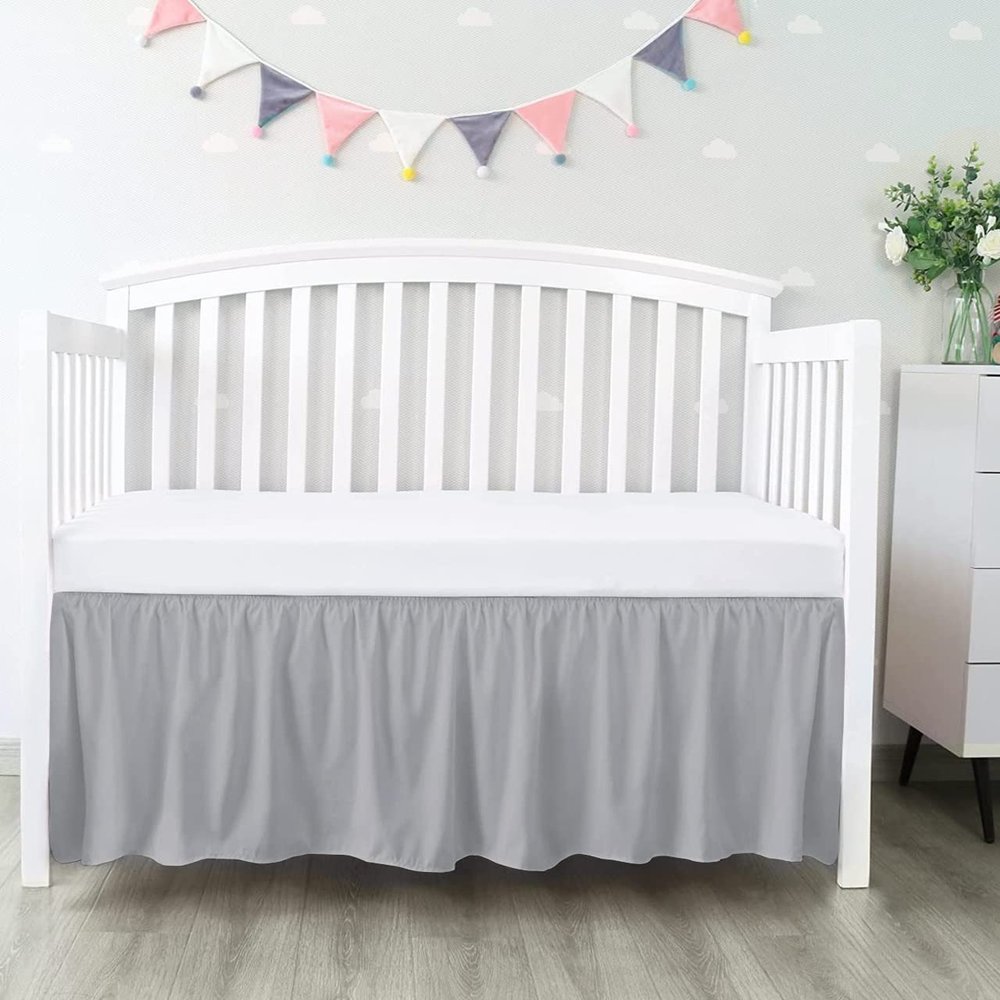 100% Egyptian Cotton, Nursery Crib Toddler (28" x 52" + 14") 800 Thread Count Crib Skirt Dust Ruffle, Bedding Skirts for Baby Boys or Girls, 14" Drop, Silver Solid