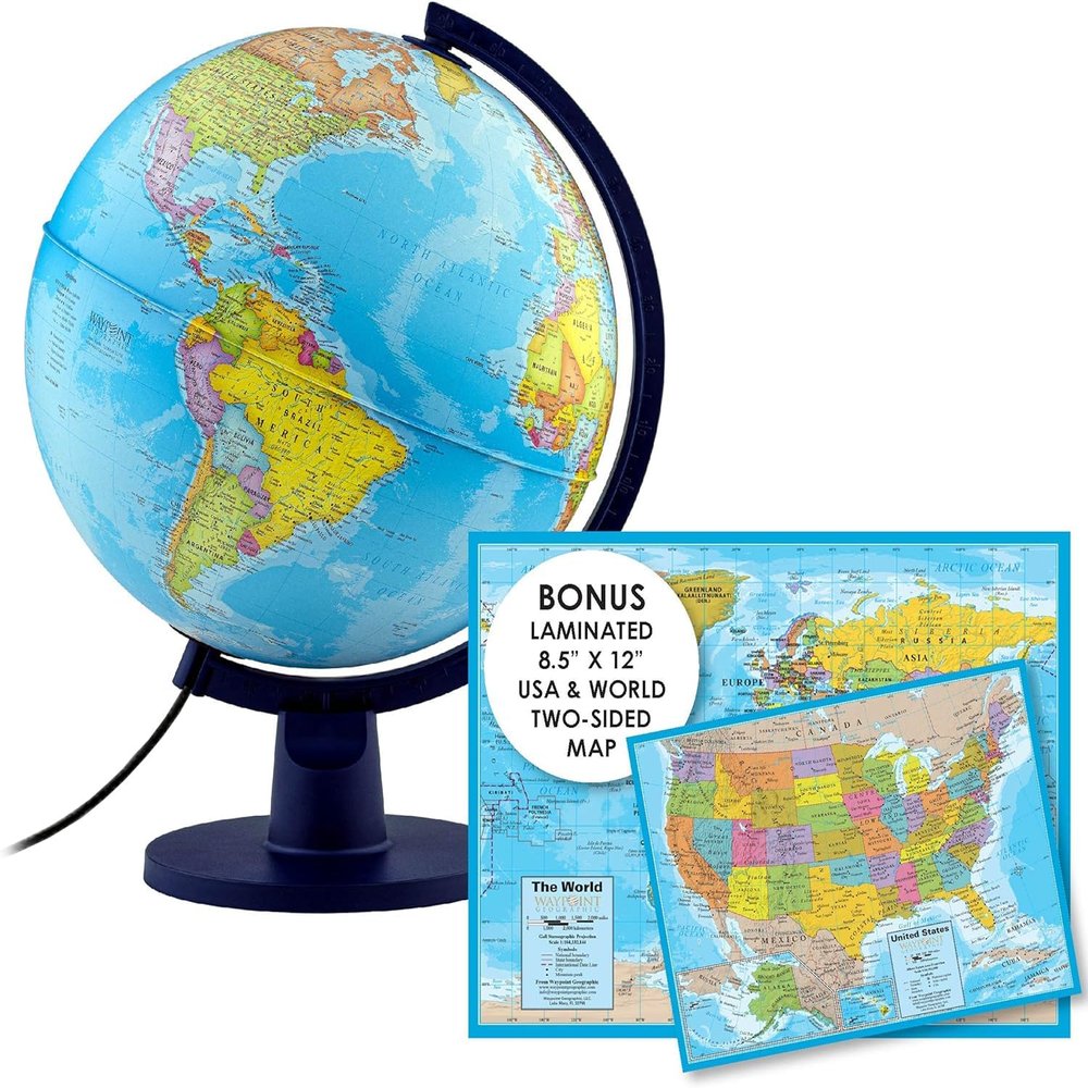 Waypoint Geographic Scout+ Illuminated With Map, World Globe for Kids, Decorative Classroom Globe with Stand, More than 4000 Places, 12 Interactive, Bonus Map Included, Blue