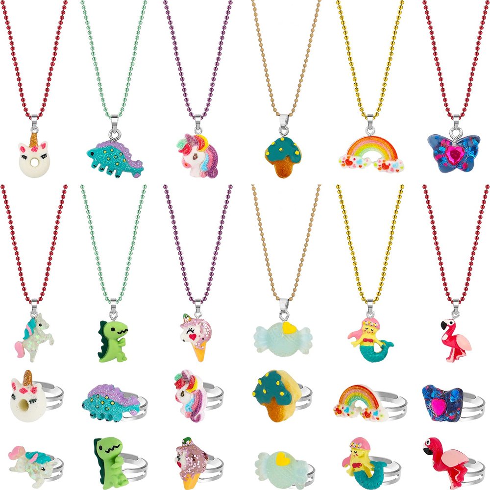 SOTOGO 24 Pieces Girls Necklaces and Rings Set Colorful Gift Party Favors Friendship Pretend Dress up Play Jewelry for Kids Child Toddler, Clever Style