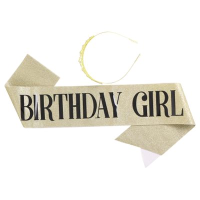 CHICTRY 2Pcs Birthday Party Supplies with Rhinestone Crown Tiara and Glittery Printed Letters Birthday Sash for Women Girls Type F Gold One Size
