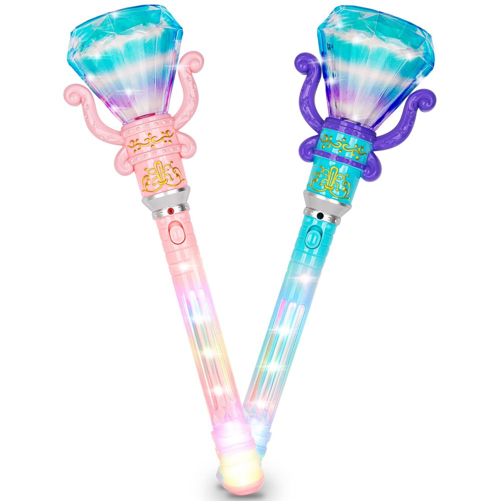 ArtCreativity Light Up Princess Wands for Kids (Set of 2, 14" Long) - Pink and Blue Fairy Wands with Spinning LEDs, Batteries Included - Light Up Wand for Girls and Boys, Perfect Pretend Play Toys