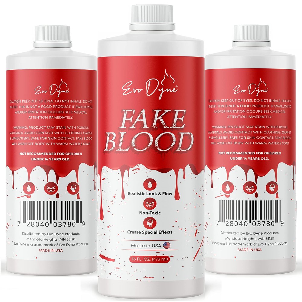 3-Pack Evo Dyne Fake Blood (16 FL OZ), Made in USA | Halloween Vampire Blood Bottle for Costumes Including Zombie, Vampire and Other Dress Up Needing a Gory Scene - Looks & Feels Like Real Blood