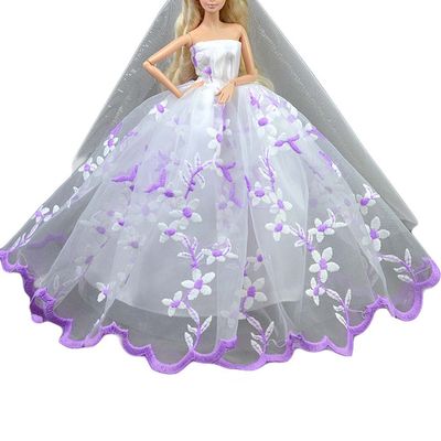 Gentle Meow Purple Embroidery Doll Wedding Dress White Gauze Dress Handmade Doll Clothes for 11.8 inch Doll