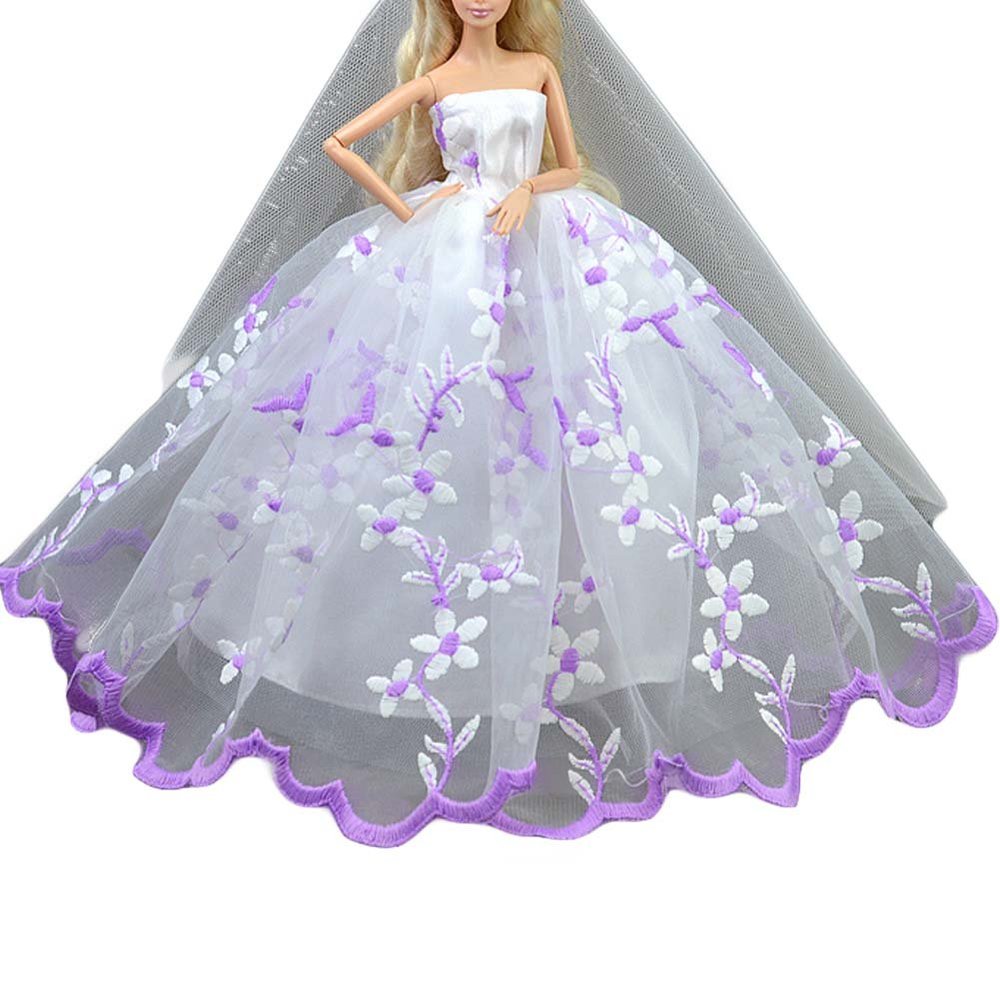 Gentle Meow Purple Embroidery Doll Wedding Dress White Gauze Dress Handmade Doll Clothes for 11.8 inch Doll
