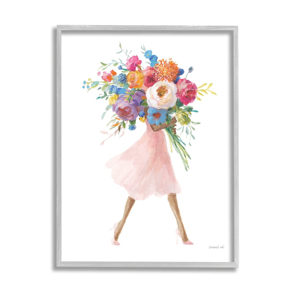 Stupell Industries Bursting Spring Flower Bouquet Pink Dress Woman Walking