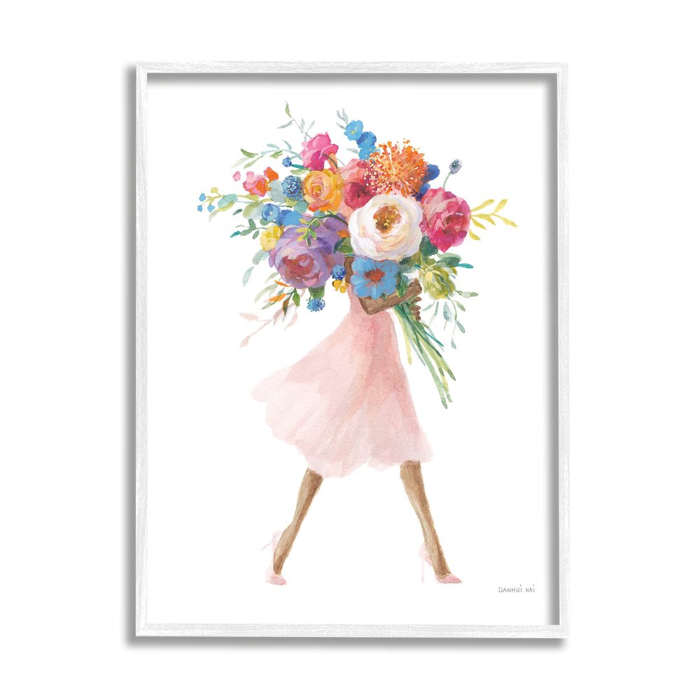 Stupell Industries Bursting Spring Flower Bouquet Pink Dress Woman Walking