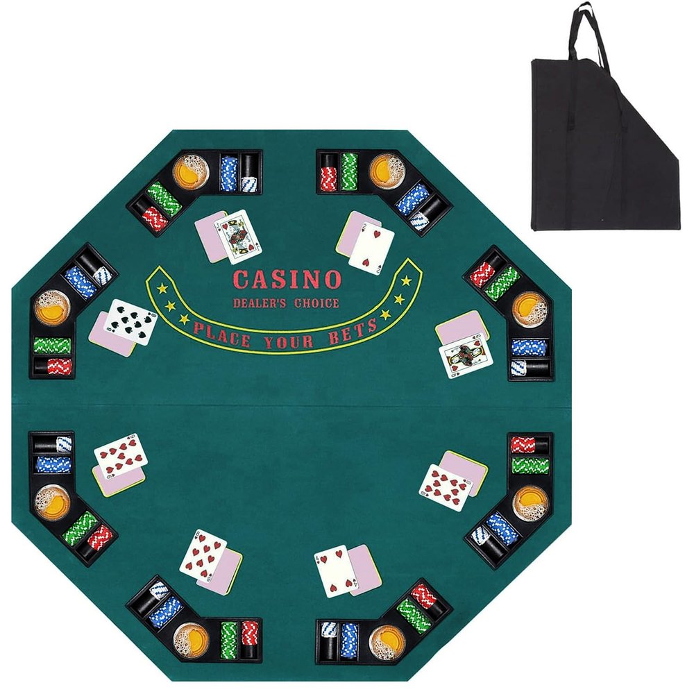 48 Inch Foldable Poker Table Card Topper, Portable 8-Player Poker Tabletop Mat w/Cup Holder and Carrying Bag,Texas Hold 'Em Foam Poker Table Top Layout for Blackjack Board Game,Green Speed Felt