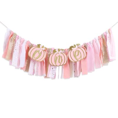 Pumpkin Highchair Banner for 1st Birthday - Our Little Pumpkin is One Party decor, Autumn Birthday Party Decorations, Pink Gold First Bday Banner for girls