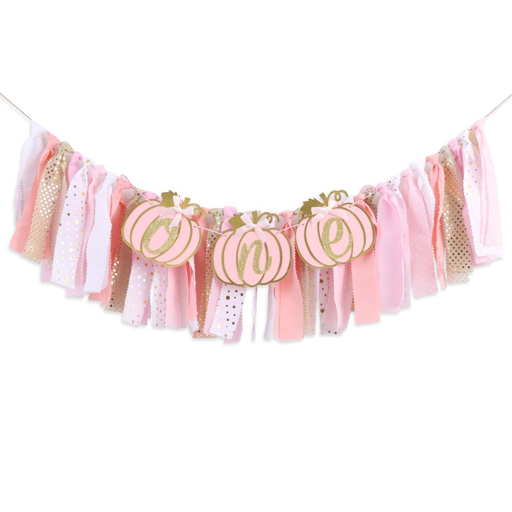 Pumpkin Highchair Banner for 1st Birthday - Our Little Pumpkin is One Party decor, Autumn Birthday Party Decorations, Pink Gold First Bday Banner for girls