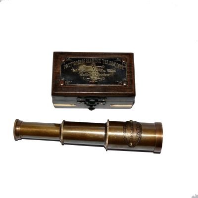 Antique Vintage Brass Maritime 6" Royal Navy Telescope with Wooden Box Good Gift