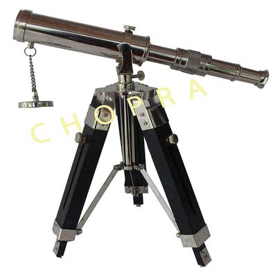 Maritime Nautical Chrome Brass Telescope with Wooden Tripod Stand Desk Decor