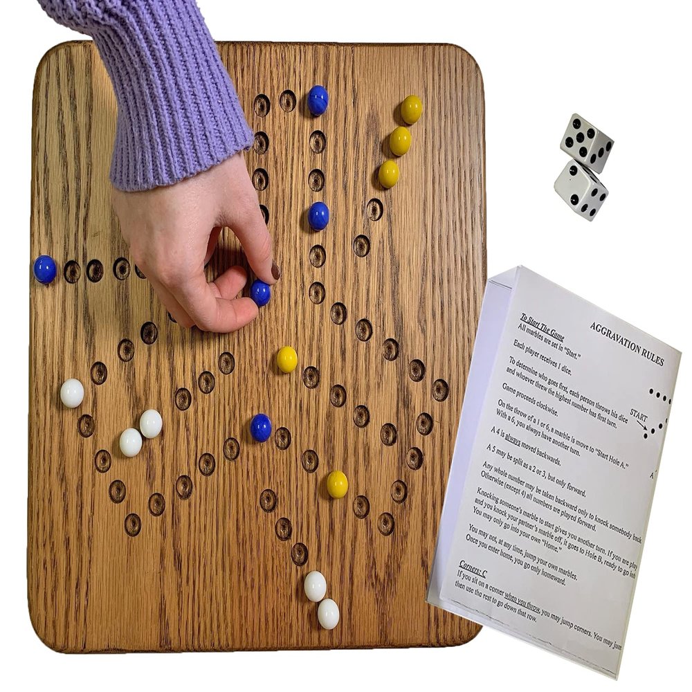 DutchCrafters Amish Made 12 Inch Solid Oak Wood Marble & Dice Game for 3-4 Players, Aggravation Game Up to 4 Players, Family Game Night - Made in America (Medium Walnut)