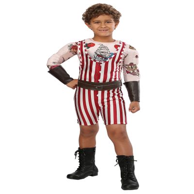 Boys Strongman Halloween | Kids Complete Vintage Strong Man Outfit with Tattoo Mesh Shirt, Singlet, Gauntlets, and Belt X-Small