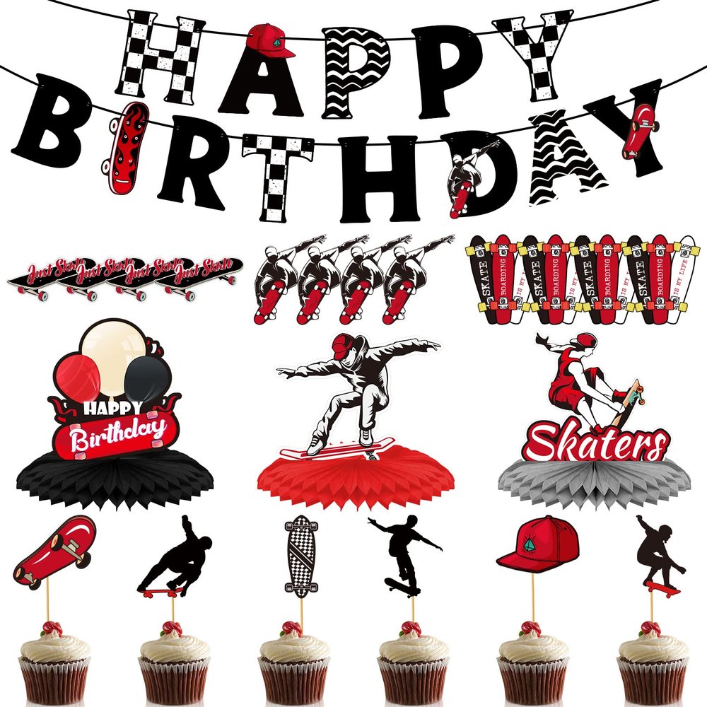 Outus 34 Pcs Skateboard Party Decorations Birthday Banner Skateboard Birthday Party Supplies Table Centerpieces Cupcake Topper Decor for Skater Boys and Girls