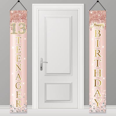 13th Birthday Decorations Door Banner for Girls, Pink Rose Gold 13 Teenager Happy Birthday Sign Party Supplies, Sweet Thirteen Year Old Birthday Backdrop Porch Dcor